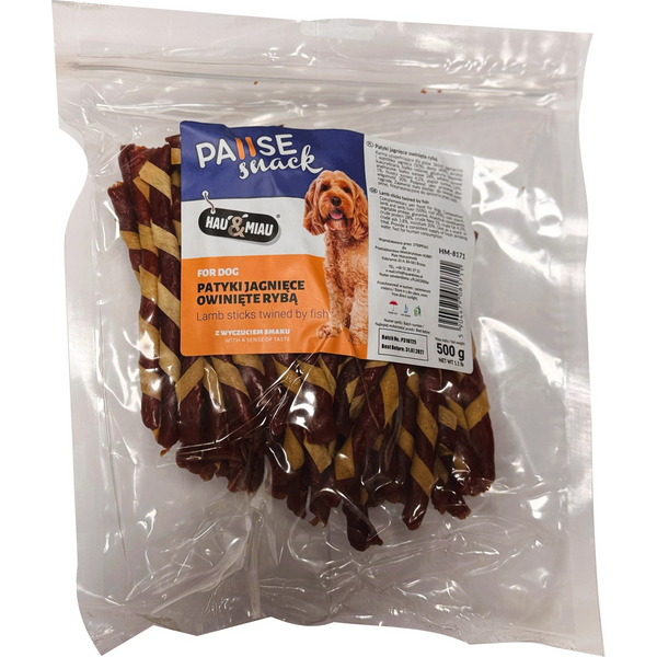 HAU & MIAU lamb sticks twined by fish 500g - papilfdbarība pieaugušiem suņiem, jēra gaļas kociņi aptīti ar zivs strēmelem
