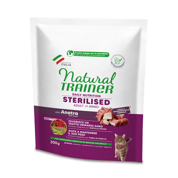 NATURAL TRAINER CAT ADULT STERILIZED WITH DUCK 300gr - pilnvērtīga sausā barība pieaugušiem sterilizetiem kaķiem ar pīli