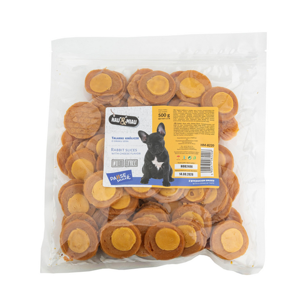 HAU & MIAU rabbit slices with cheese flavor 500g - papildbarība pieaugušiem suņiem, truša gaļas šķēles ar siera garšu