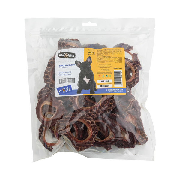 HAU & MIAU beef rings with trachea 500g - papildbarība pieaugušiem suņiem, jēra gaļas riņķi ar traheju