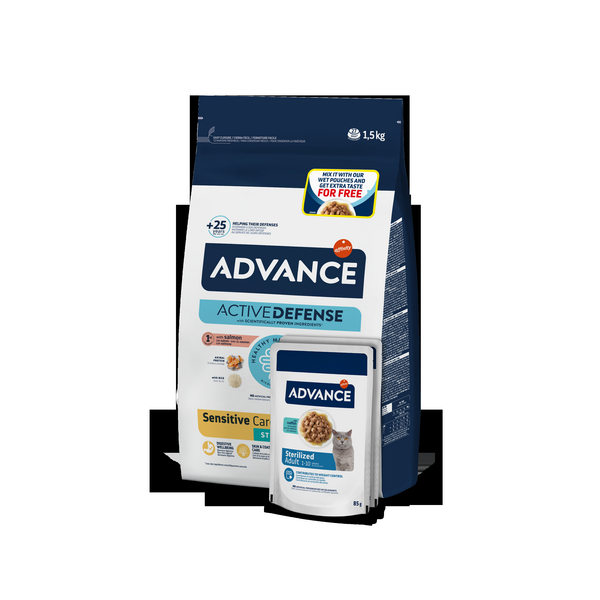 Adv cat adult sterelized sensitive 1,5 кг + 2 WETSTZ COD - полнорационный сухой и влажный корм для взрослых стерилизованных кошек от 1 до 10 лет с чувствительной пищеварительной системой. С лососем.
