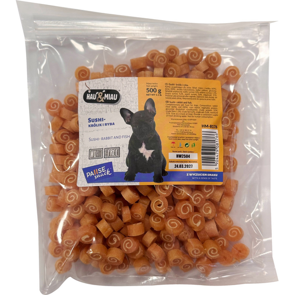 HAU&MIAU sushi - rabbit and fish 500g  — papildbarība pieaugušiem suņiem, suši ar truša gaļu un zivīm.