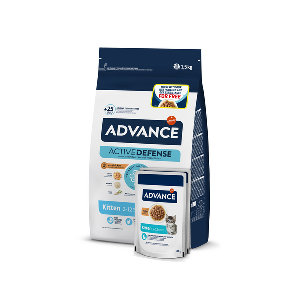 Adv cat kitten 1,5 кг + 2 влажных корма на упаковке - полнорационный корм для котят (в возрасте от 2 до 12 месяцев), беременных или кормящих кошек (сухой корм и консервы).