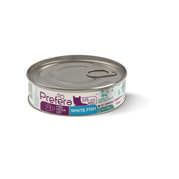 Fresh Farm CAT Prefera MPD Adult white fish 85gr - pieaugušiem kaķiem (arī sterelizētiem), monoproteīna barība ar balto zivi