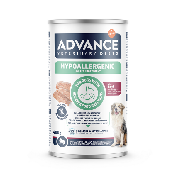ADVANCE VETERINARY DIET DOG Hypoallergenic LAMB 400gr - mitrā barība, kas paredzēta visu izmēru suņiem ar alerģiskām reakcijām uz barību