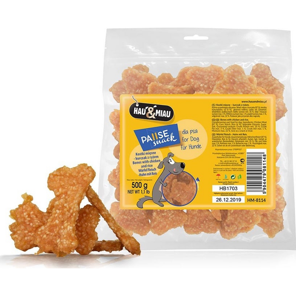 HAU&MIAU meatbones with chicken and rice 500g - papildbarība pieaugušiem suņiem, gardie gaļas kauliņi ar vistu un rīsiem
