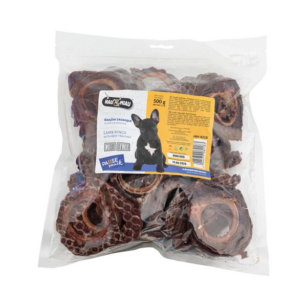 HAU & MIAU lamb rings with trachea 500g - papildbarība pieaugušiem suņiem, jēra gaļas riņķi ar traheju