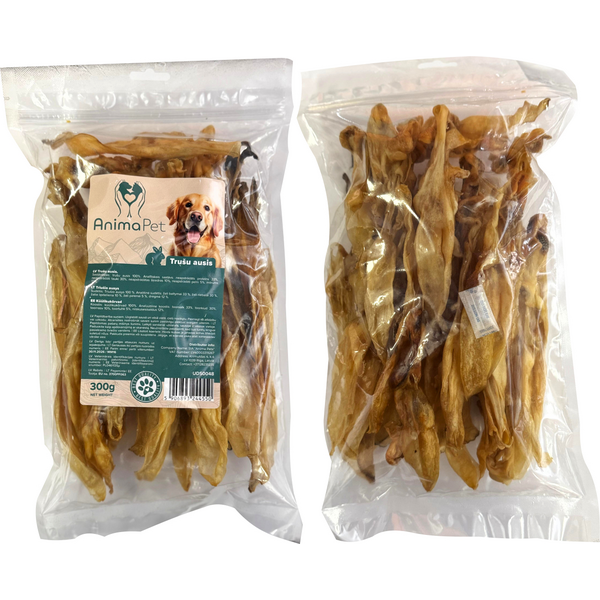 AnimaPet Trušu ausis 300 g - papildbarība suņiem, 100% dabīgas kaltētas trušu ausis