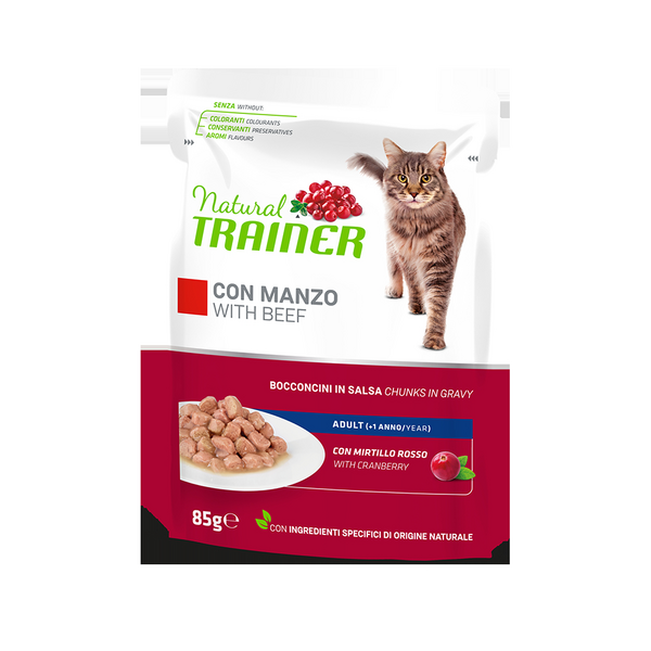 NATURAL TRAINER CAT BEEF 85G - pilnvērtīga barība pieaugušiem kaķiem, konservi gabaliņi želējā ar liellopu gaļu, vistas gaļu un dzērveņu lapu ekstraktu.