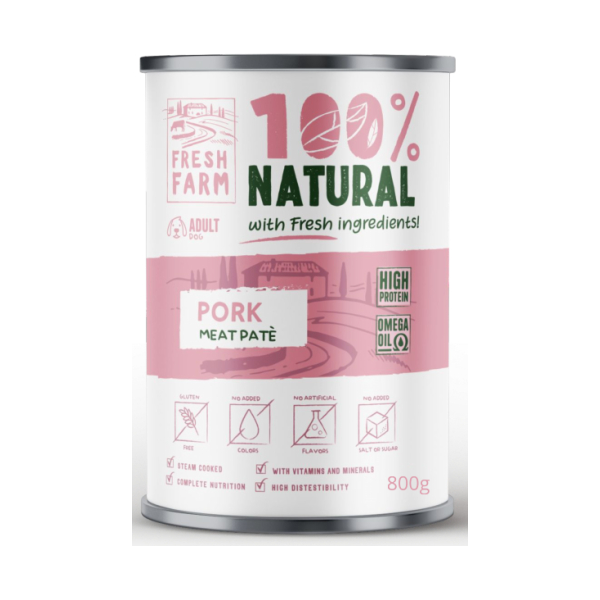 Prefera Fresh Farm Dog Smooth pate with pork 800gr - pilnvērtīga barība, pastētes veida konservi suņiem, ar cūkgaļu.