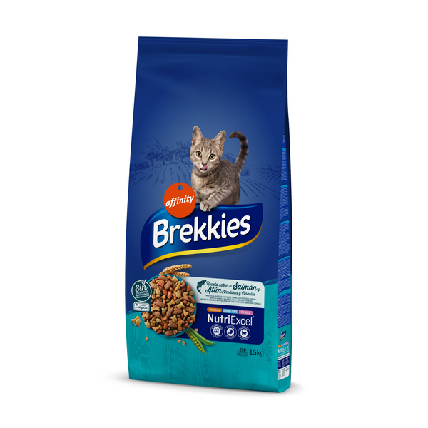 BREKKIES cat Salmon 15kg - pilnvērtīga sausā barība pieaugušiem kaķiem, ar lasi un tunci, dārzeņiem un graudaugiem.