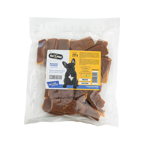 HAU & MIAU duck sanwiches with chesse flavor 500g - papildbarība pieaugušiem suņiem, pīles gaļas sendviči ar siera garšu