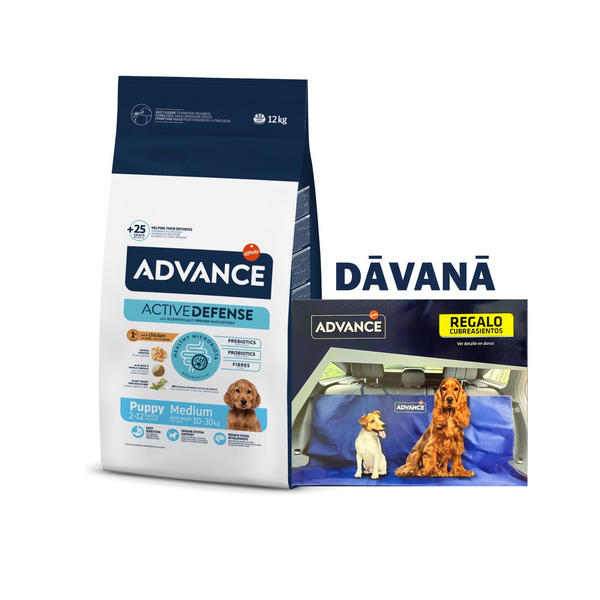 ADVANCE DOG MEDIUM PUPPY 12kg + Dāvanā a/m sēdekļa paklājs - pilnvērtīga sausā barība vidēju šķirņu kucēniem vecuma no 2 līdz 15 mēnešiem (pieaugušo suņu svars 10-30 kg), grūsnam un barojošam vidējo šķirņu kucēm. Dāvanā - a/msēdekļa paklājs