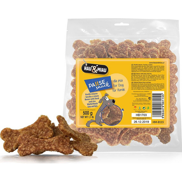 HAU&MIAU meatbonеs with duck and rice 500g - papildbarība pieaugušiem suņiem, gardie gaļas kauliņi ar pīles gaļu un rīsiem