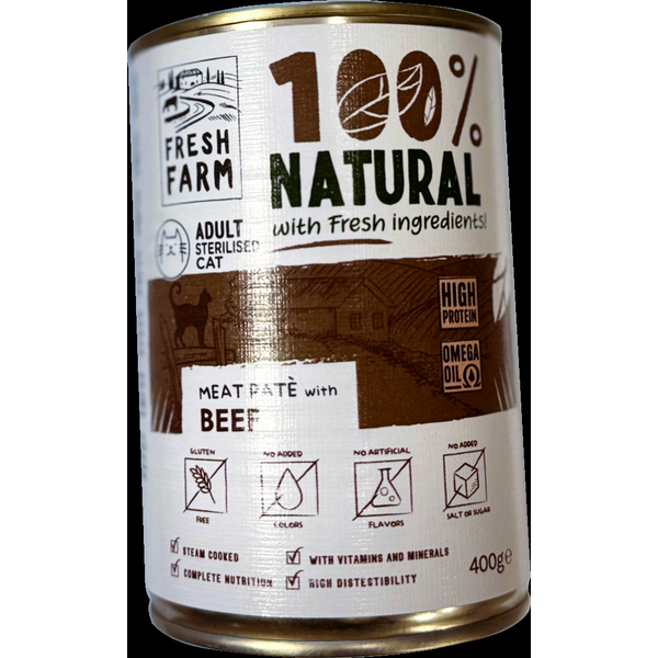 Prefera Fresh Farm CAT Smooth pate with beef 400gr - полнорационный корм для кошек, паштет с говядиной