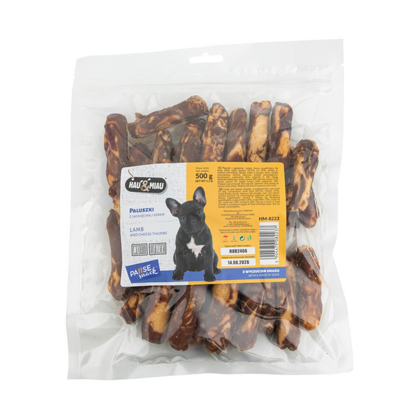 HAU & MIAU lamb  and chesse thumbs 500g – papildbarība pieagušiem suņiem, jēra gaļas un siera standziņas