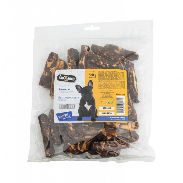 HAU & MIAU beef and chesse thumbs 500g – papildbarība pieagušiem suņiem, liellopu gaļas un siera standziņas.