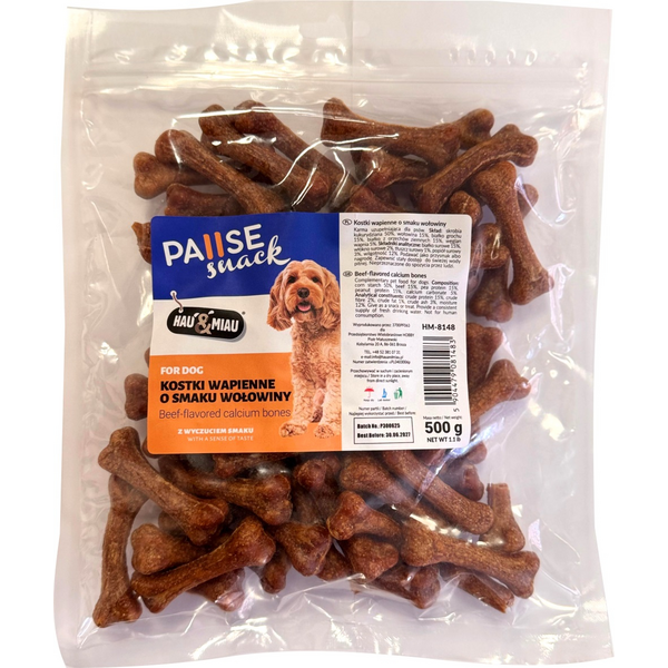 HAU&MIAU beef calcium bone 500g - papildbarība pieaugušiem suņiem, gardie kauliņi ar liellopu gaļu un kalciju