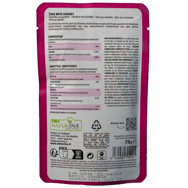 NATURINA ELITE WET TUNA WITH SHRIMPS IN JELLY 70G - KONSERVI KAĶIEM (TUNCIS AR GARNEĻĒM ŽELEJĀ), 3 image