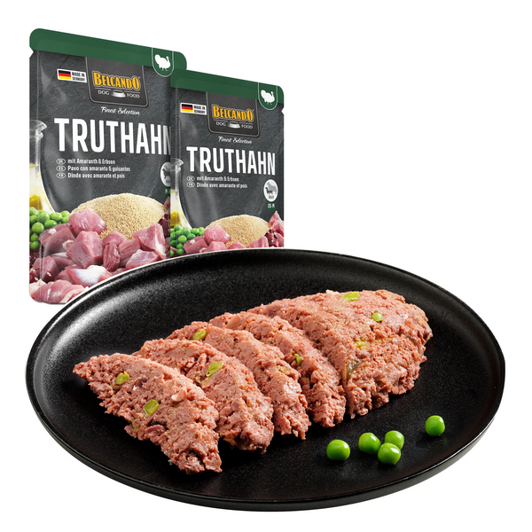 BELCANDO TURKEY WITH AMARANTH AND PEAS 300G - SUŅU KONSERVI AR TĪTARU GAĻU, AMARANTU UN ZIRŅIEM