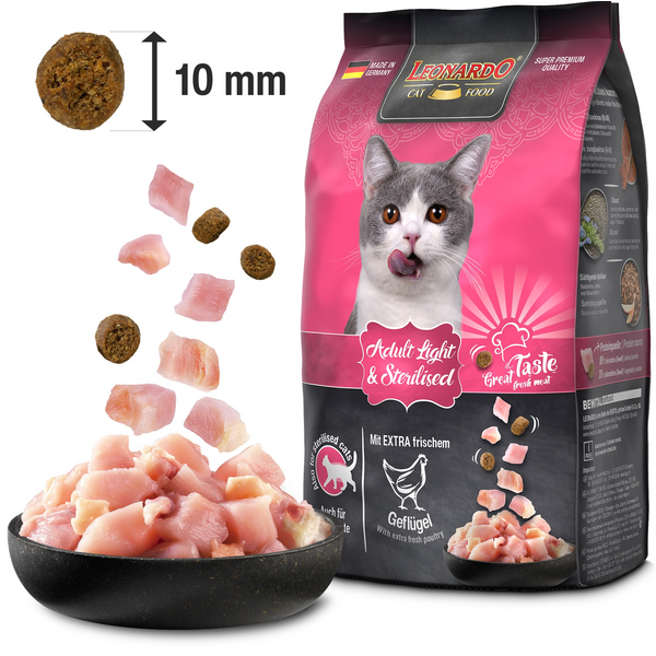 LEONARDO ADULT LIGHT&STERILISED POULTRY 7.5KG - SAUSĀ BARĪBA STERELIZĒTIEM UN KAĶIEM AR LIEKO SVARU