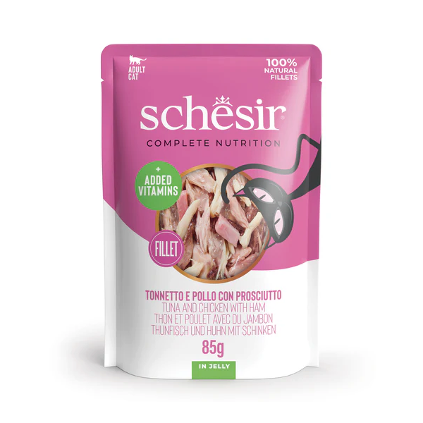 Schesir Cat Tuna and Chicken with Ham 85g - тунец, куриное филе и ветчина в желе