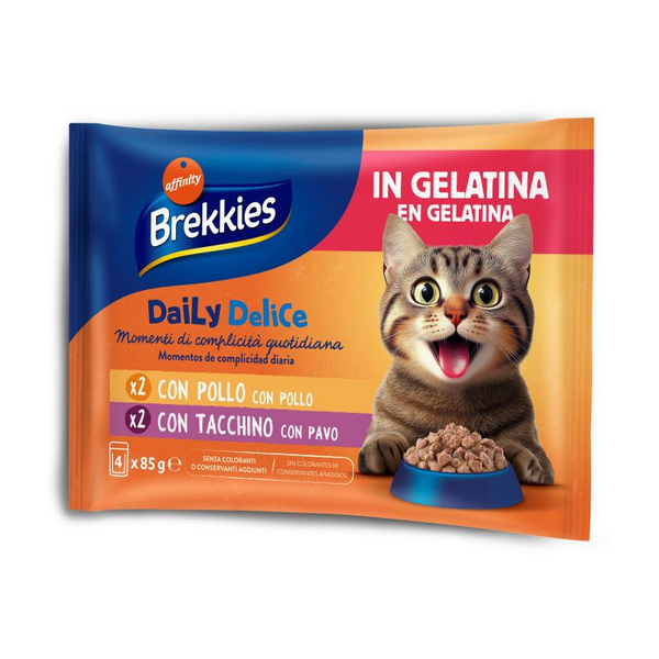 Brekkies Daily Delice Wet Cat Jelly Adult Chicken&Turkey 4x85 gr - konservi želejā pieaugušiem kaķiem, ar vistas vai tītara gaļu.