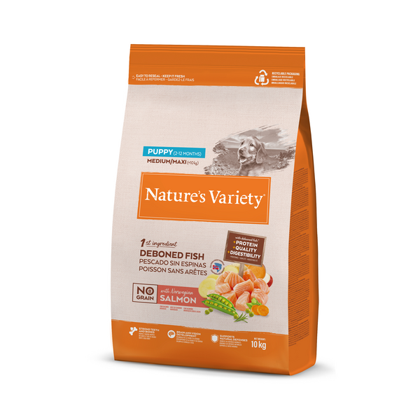 NATURE`S VARIETY DOG NO GRAIN PUPPY MEDIUM/MAXI SALMON 10 KG - сухой корм для щенков средних/крупных пород с лососем и без зерновых