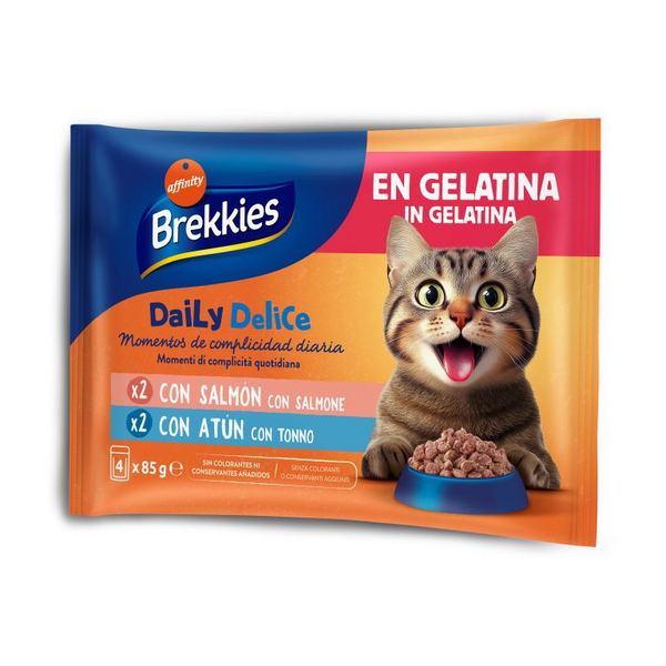 Brekkies Daily Delice Wet Jelly Adult Salmon & Tuna 4x85 gr - konservi želejā pieaugušiem kaķiem, ar lasi vai tunci