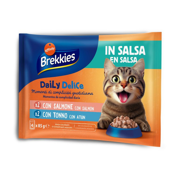 Brekkies Daily Delice Wet Cat Adult Salmon & Tuna 4x85 gr - konservi pieaugušiem kaķiem, ar lasi vai tunci.