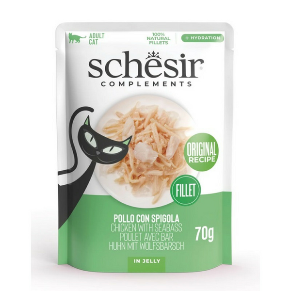 Schesir Cat Chicken and Seabass In Jelly 70g - vista ar jūras asari želejā