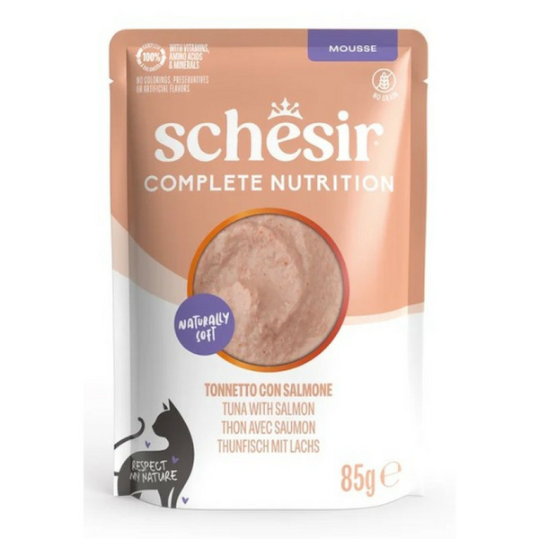 Schesir Cat Tuna with Salmon In Mousse 85g - pilnvērtīgā barība - tunča un laša uzputenis