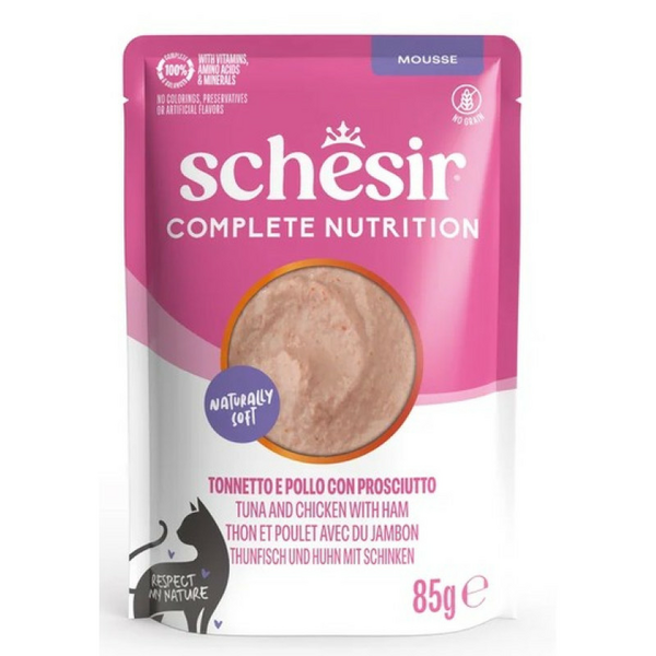 Schesir Cat Tuna, Chicken and Ham In Mousse 85g - pilnvērtīgā barība - tunča, vistas un šķiņķa uzputenis