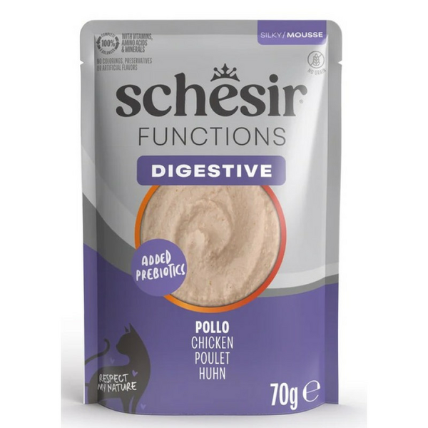 Schesir Cat Functions Mousse Digestive Chicken 70g - pilnvērtīgā barība - uzputenis kaķiem ar jutīgu gremošanu