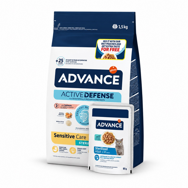 Adv cat adult sterelized sensitive 1,5kg + 2 WETSTZ COD - pilnvērtīga sausā un mitrā barība pieaugušiem sterilizētiem kaķiem no 1 līdz 10 gadiem, ar jūtīgu gremošanas sistēmu. Ar lasi.