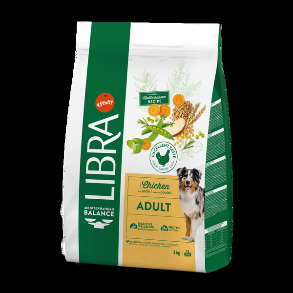 LIBRA DOG ADULT CHICKEN 3 KG - PIEAUGUŠIEM VIDĒJO UN LIELO ŠĶIRŅU SUŅIEM, AR VISTAS GAĻU