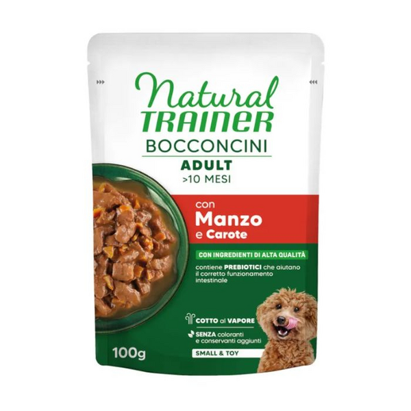 NATURAL TRAINER WET DOG S&T CHUNKS BEEF 100 G - mitrā pilnvērtīga barība mazo šķirņu suņiem, liellopu gaļas gabaliņi mercē.