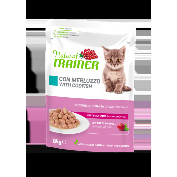 NATURAL TRAINER CAT KITTEN&YOUNG WITH CODFISH 85G - pilnvērtīgā konservēta barība KAĶĒNIEM (1-6mēneši), ar mencu.