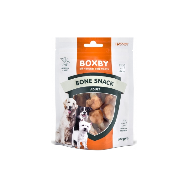 BOXBY BONE SNACK 100g - papildbarība pieaugušiem suņiem, kauliņi ar  vistu gaļas hantelēm katrā pusē.