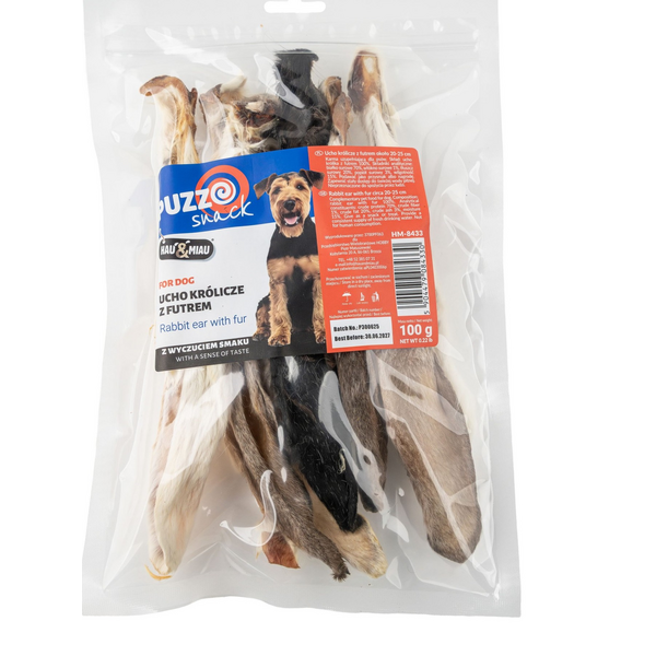 HAU & MIAU dog treat, rabbit ear with fur, approx. 20–25 cm, 100 g