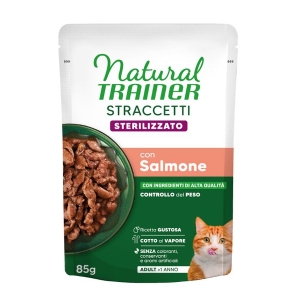 NATURAL TRAINER WET CAT STRACCETTI STERILIZED SALMON 85 G - mitrā pilnvērtīga barība pieaugušiem sterilizētiem kaķiem, gabaliņi ar lasi mercē.