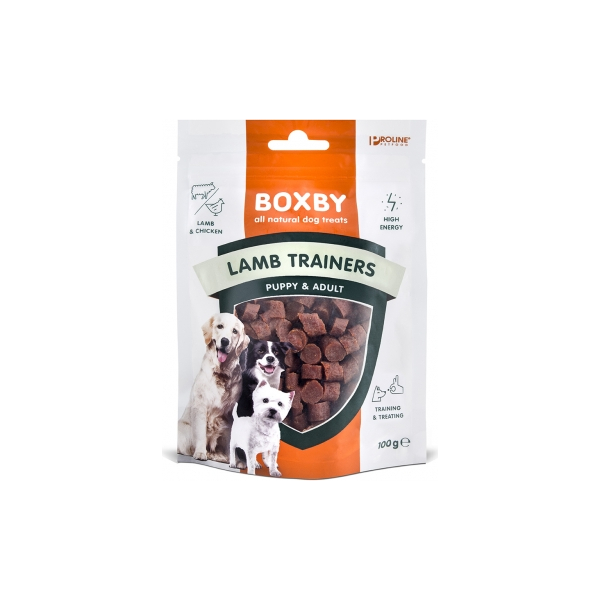 BOXBY LAMB TRAINERS PUPPY & ADULT 100g  - papildbarība kucēniem no 3 mēn.un pieaugušiem suņiem, ar jēra un vistas gaļu.