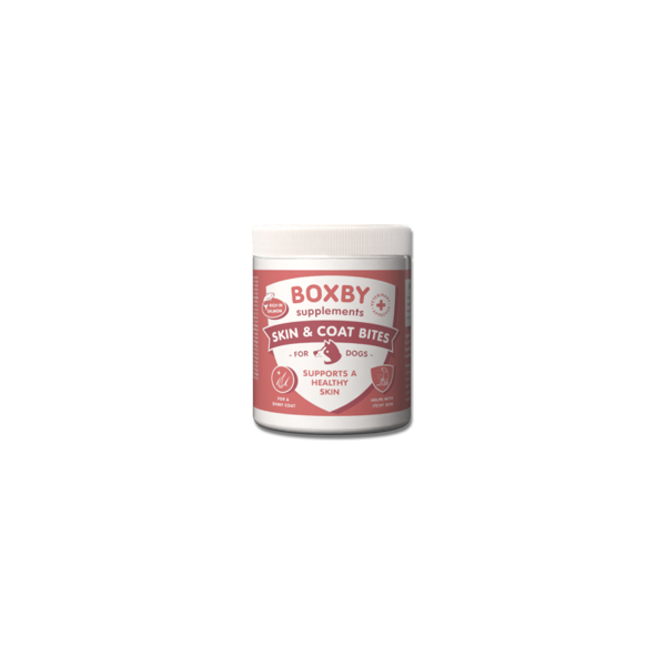 BOXBY SKIN & COAT BITES 240g - papildbarības suņiem, veicina suņa ādas un apmatojuma veselību.