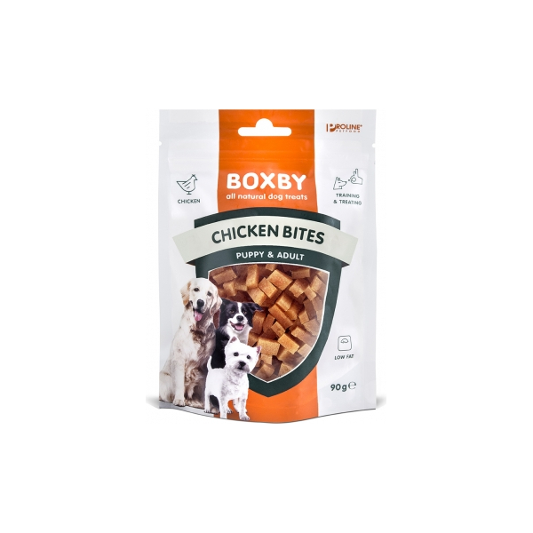 BOXBY CHICKEN BITES 90G - papildbarība suņiem no 9.mēn.vecuma, vistu gaļas gabaliņi