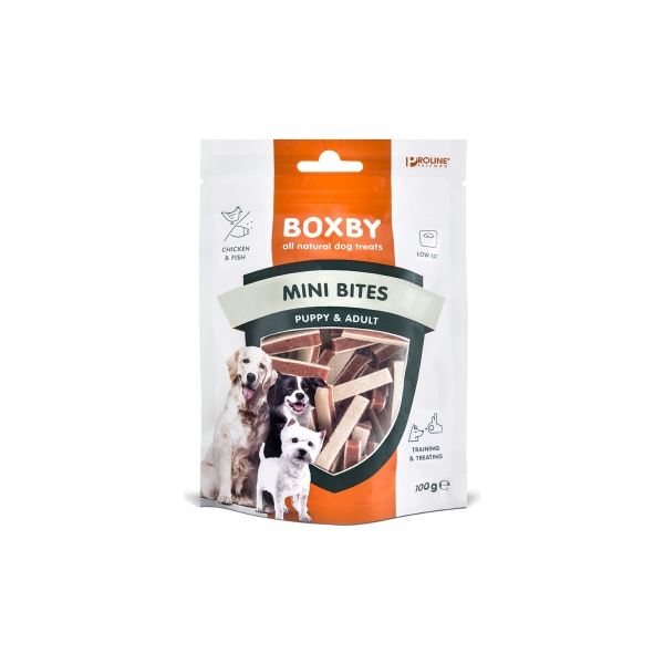 BOXBY CHICKEN MINI BITES PUPPY&ADULT 100G - papildbarība  kucēniem no 3 mēn.un pieaugušiem suņiem. Ar vistu un zivīm.