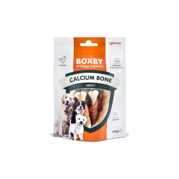 BOXBY CALCIUM BONE 100G - papildbarība suņiem, kalcijas kauliņi ar vistas gaļu