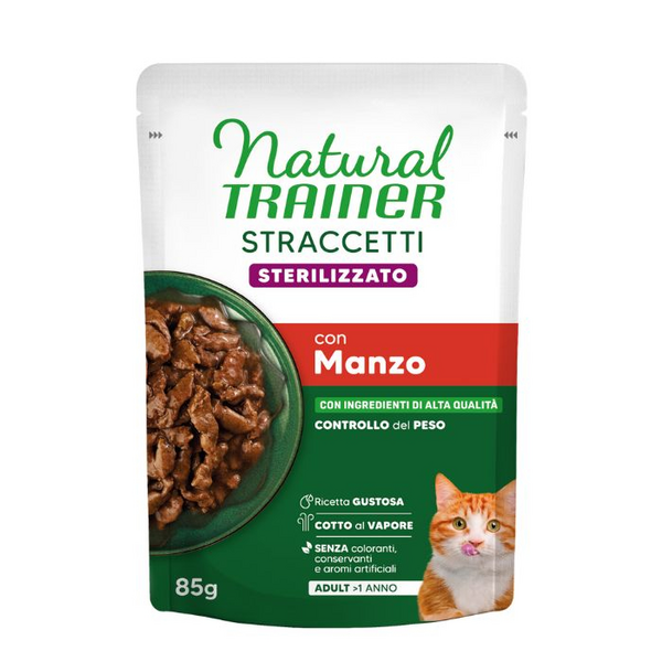 NATURAL TRAINER WET CAT STRACCETTI STERILIZED BEEF 85 G - mitrā pilnvērtīga barība pieaugušiem sterilizētiem kaķiem, liellopu gaļas gabaliņi mercē.