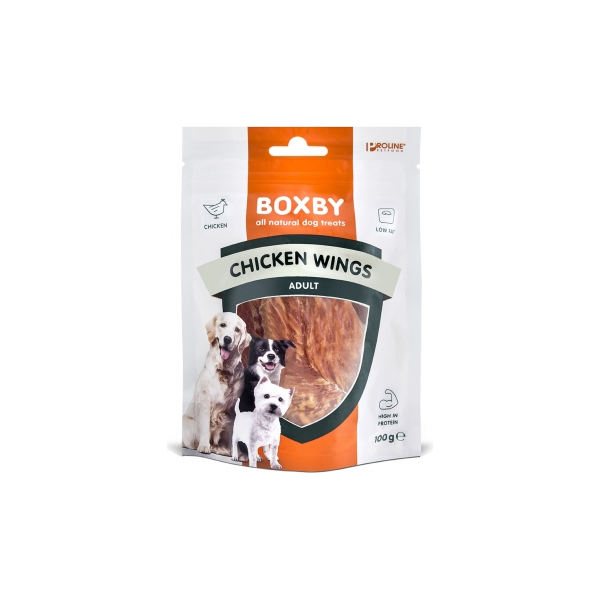 BOXBY CHICKEN WINGS 100G - papildus barība pieaugušiem suņiem, kaltēti vistu gaļas gabaliņi.