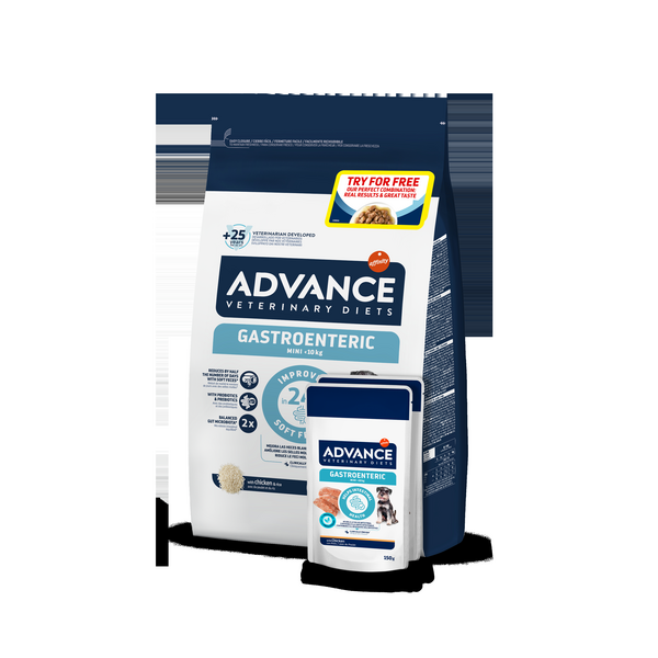 ADVANCE VETERINARY DIET DOG GASTROENTERIC MINI 1.5KG + WET - DIĒTISKA BARĪBA KUCĒNIEM NO 14 NED. UN MAZO ŠĶIRŅU SUŅIEM