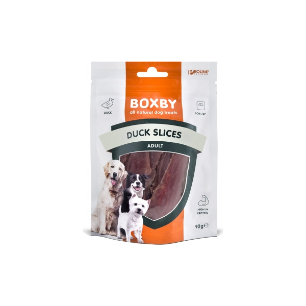 BOXBY DUCK SLICES FOR DOGS 90G - papildbarība pieaugušiem suņiem, gabaliņi ar pīles gaļu